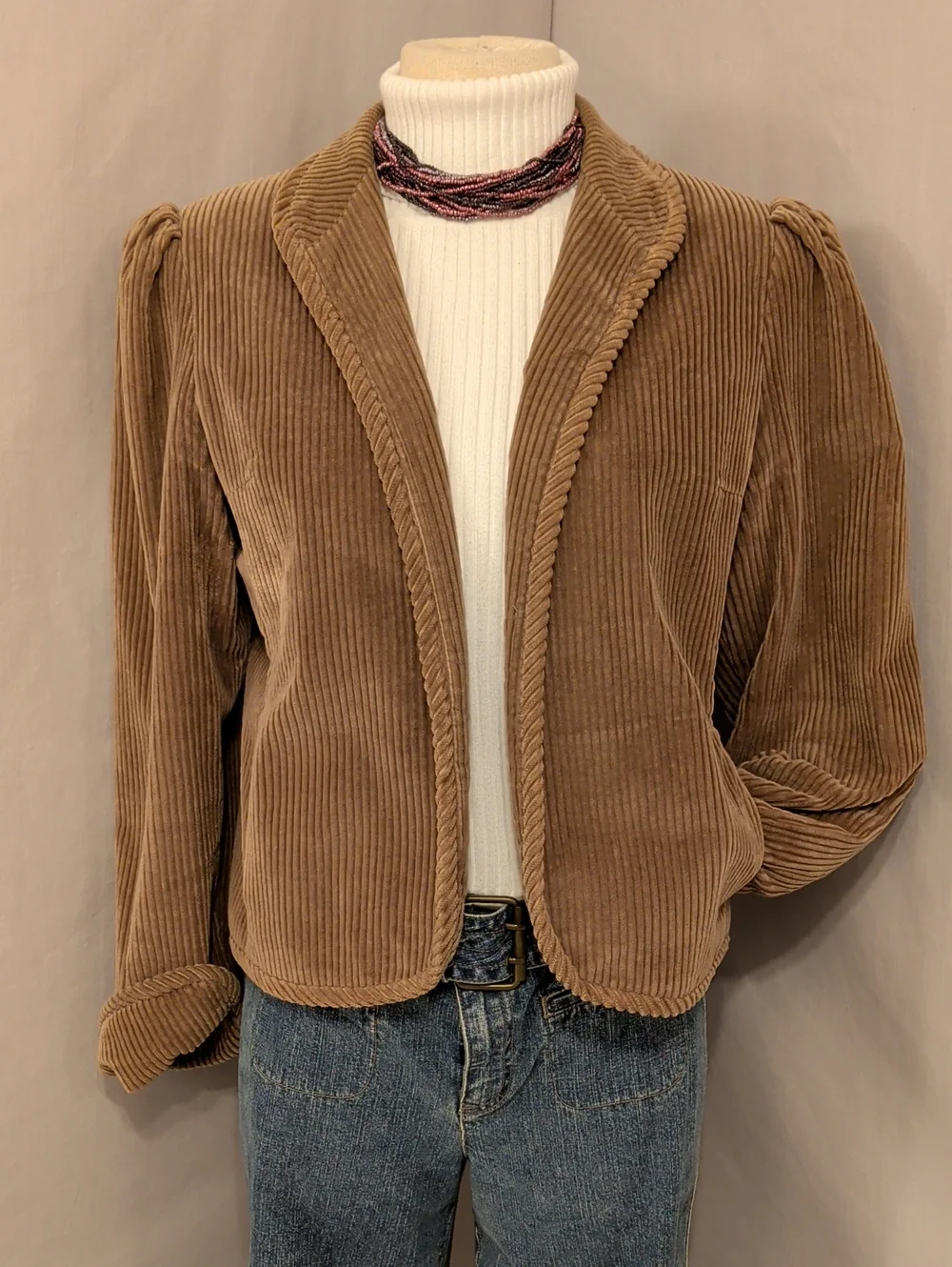 Vintage Wide Wale Corduroy Jacket Feminine Gathered Shoulder Blazer Fawn Brown